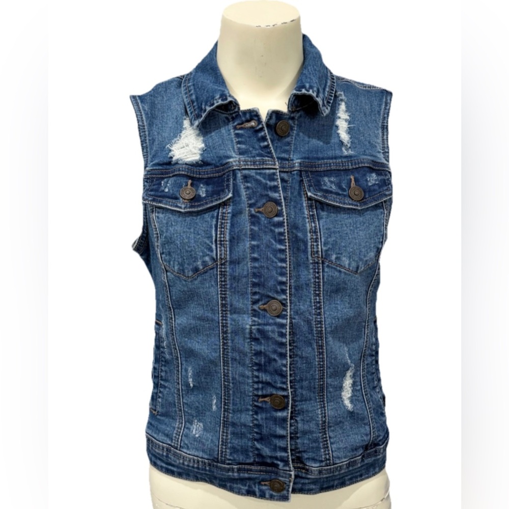 Enjean Premium Denim Vest Distressed Women’s Medium Jean Sleeveless RN149017 EUC
